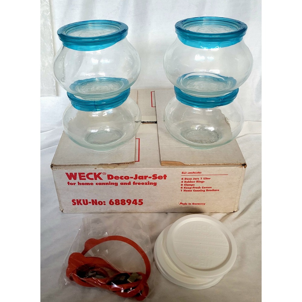 WECK 748 Deco Jar Set 4 Glass Canning Jars 1L 1 Liter Lids Clamps Rings Box